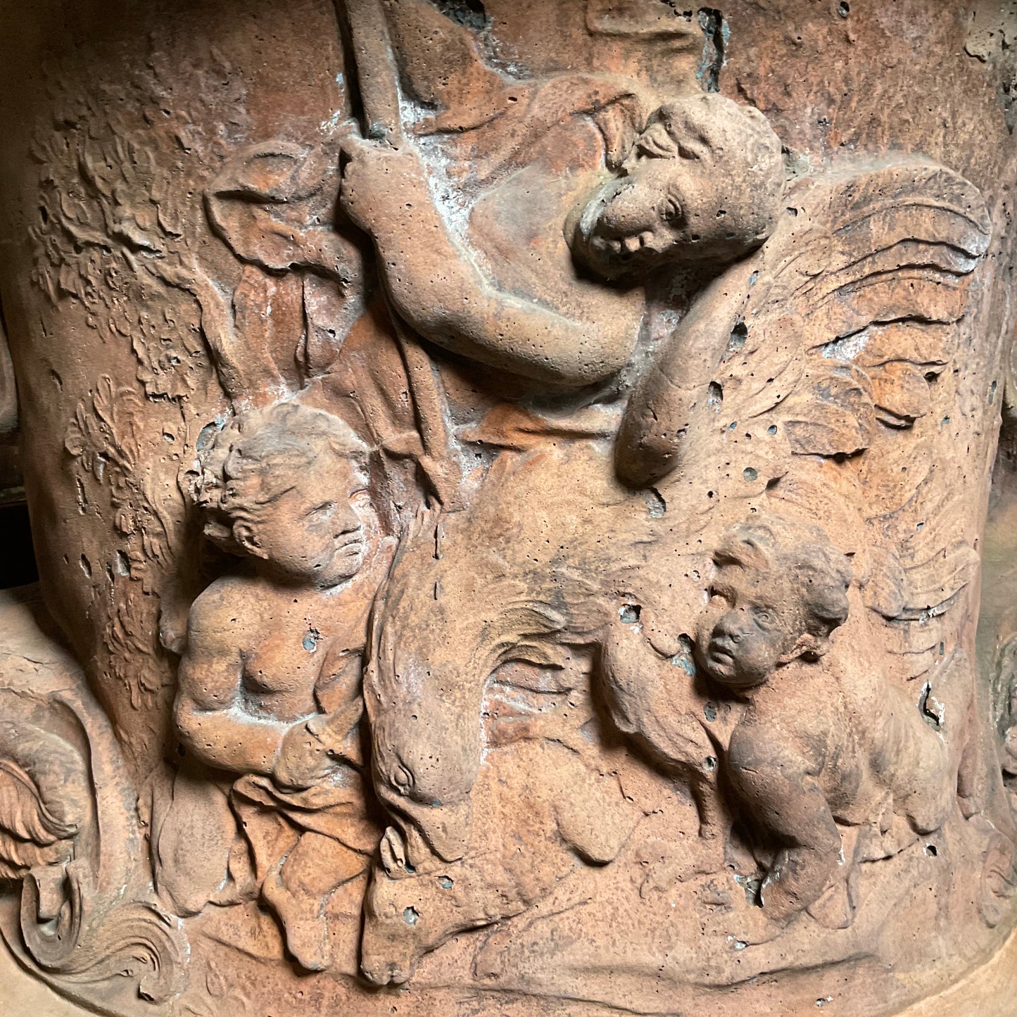 Giant Mythological Terracotta Urn with Winged Satyrs Masks