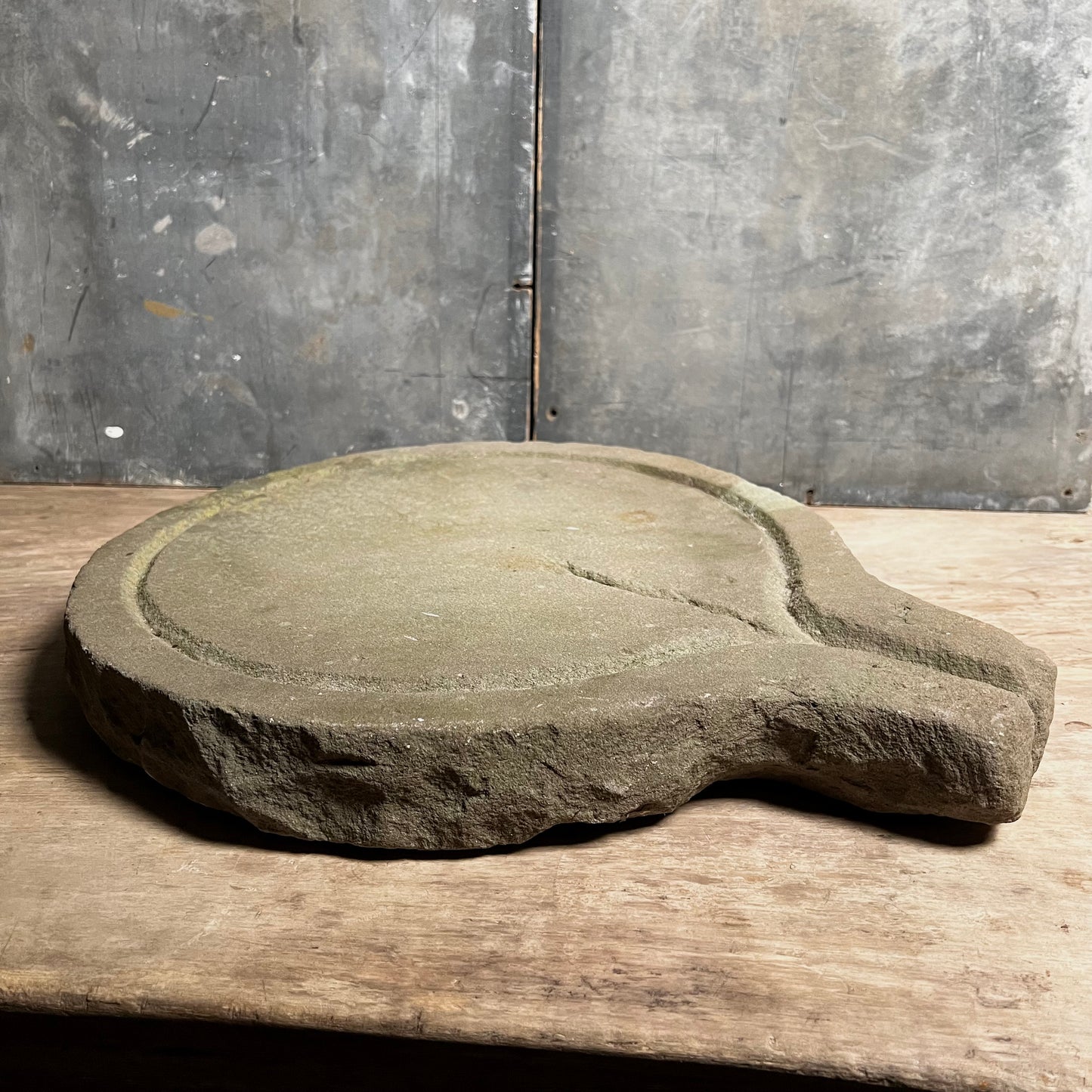 Primitive Carved Stone Cheese Press as Platter c.1880 or earlier