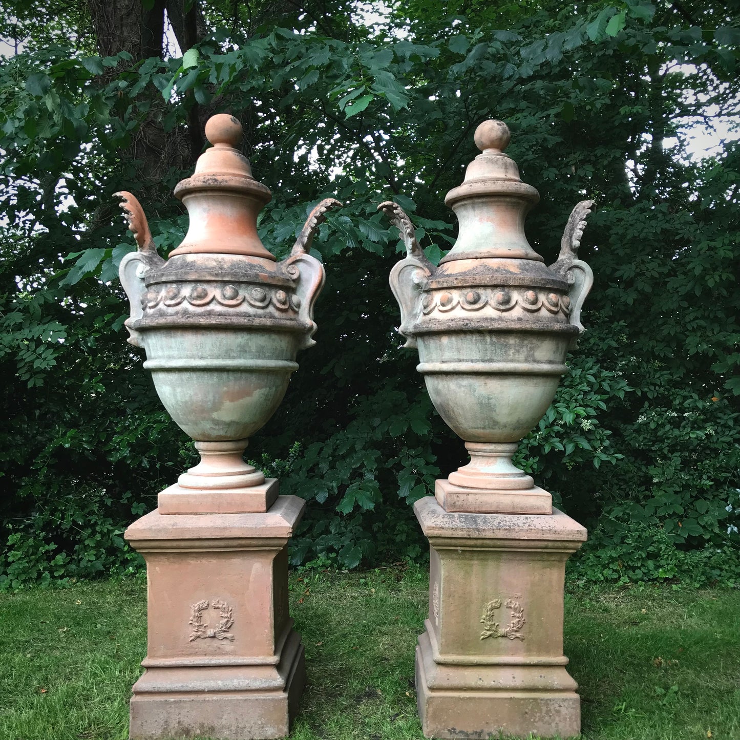 Pair of Huge Italian Terracotta Classical Urns & Plinths