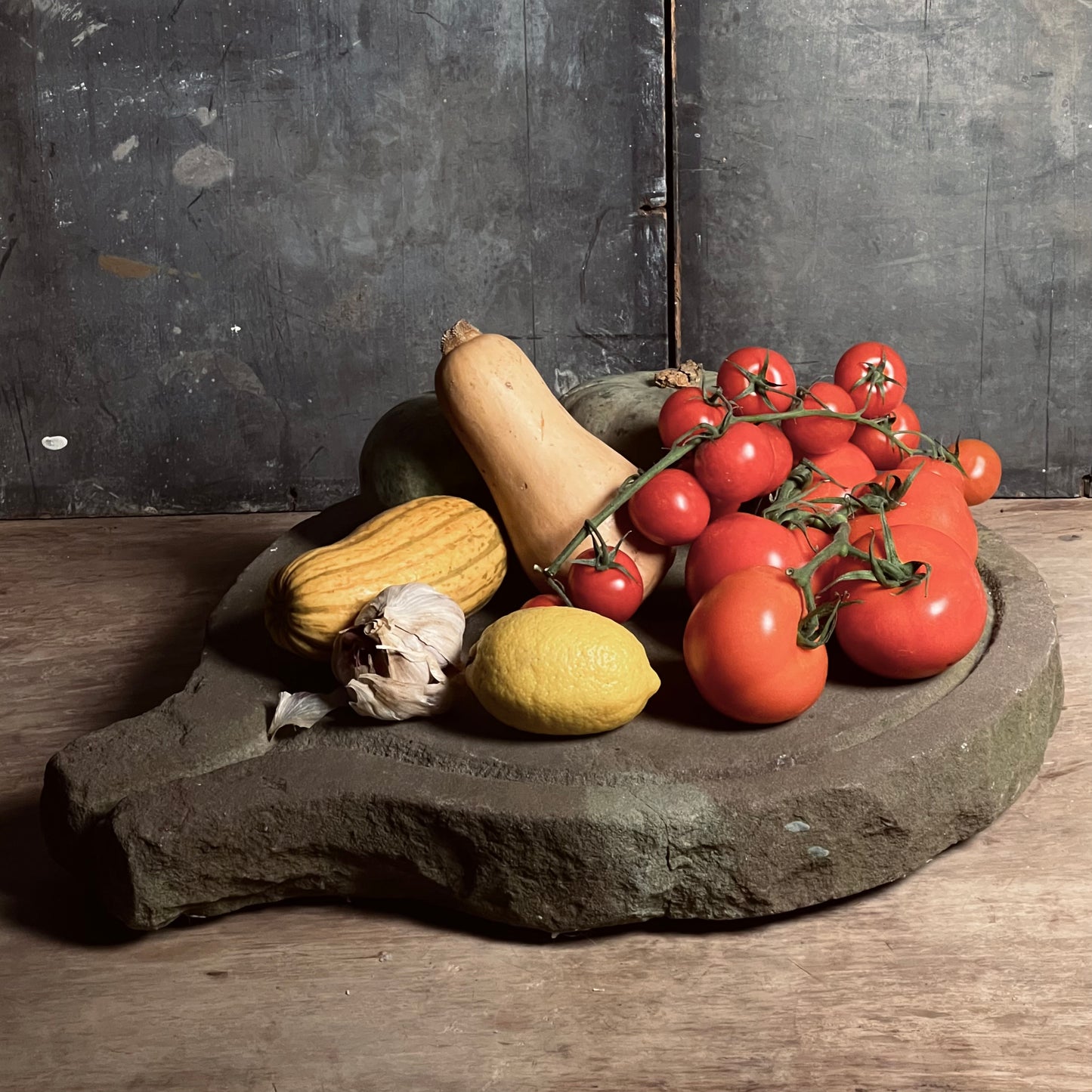 Primitive Carved Stone Cheese Press as Platter c.1880 or earlier