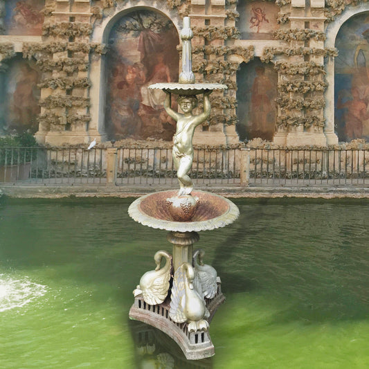 Two-Tiered Cast Iron Fountain with Bacchante Figure and Swans