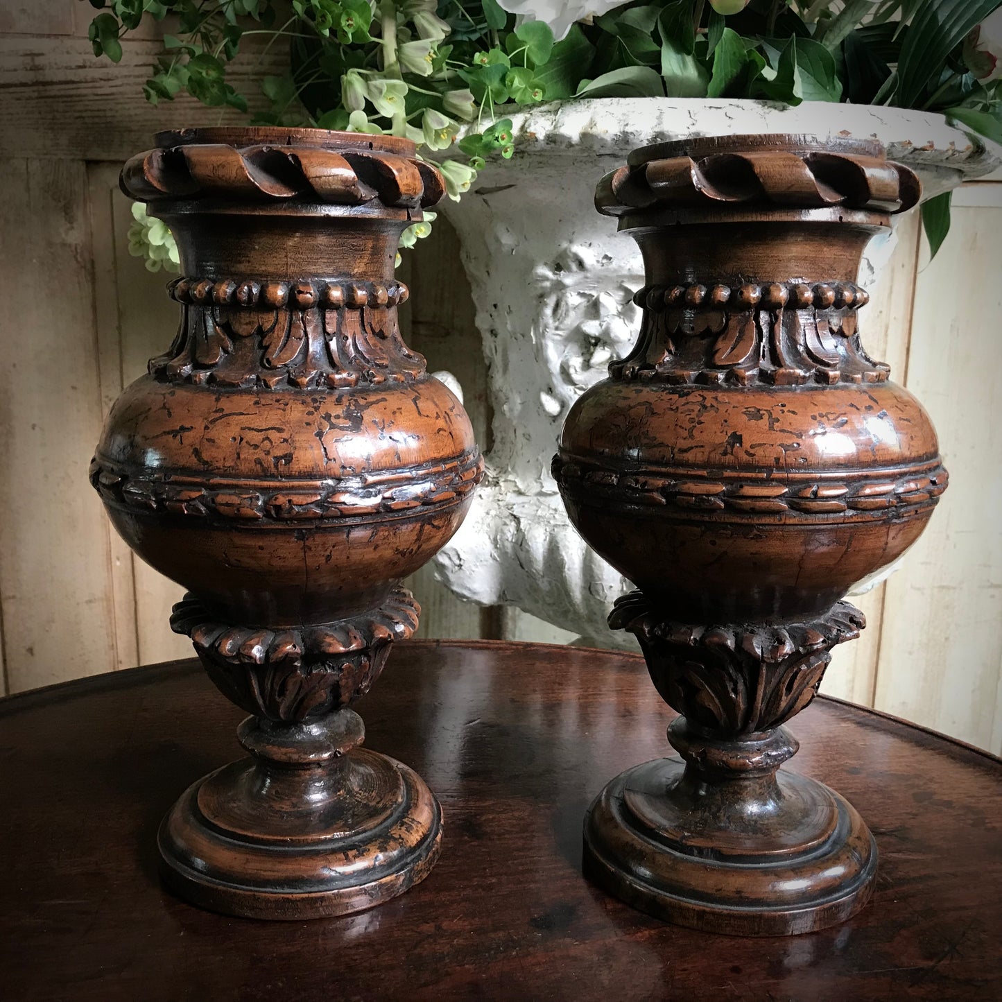 A Pair of Rare 16th Century Italian Renaissance Turned Walnut Altar Vases