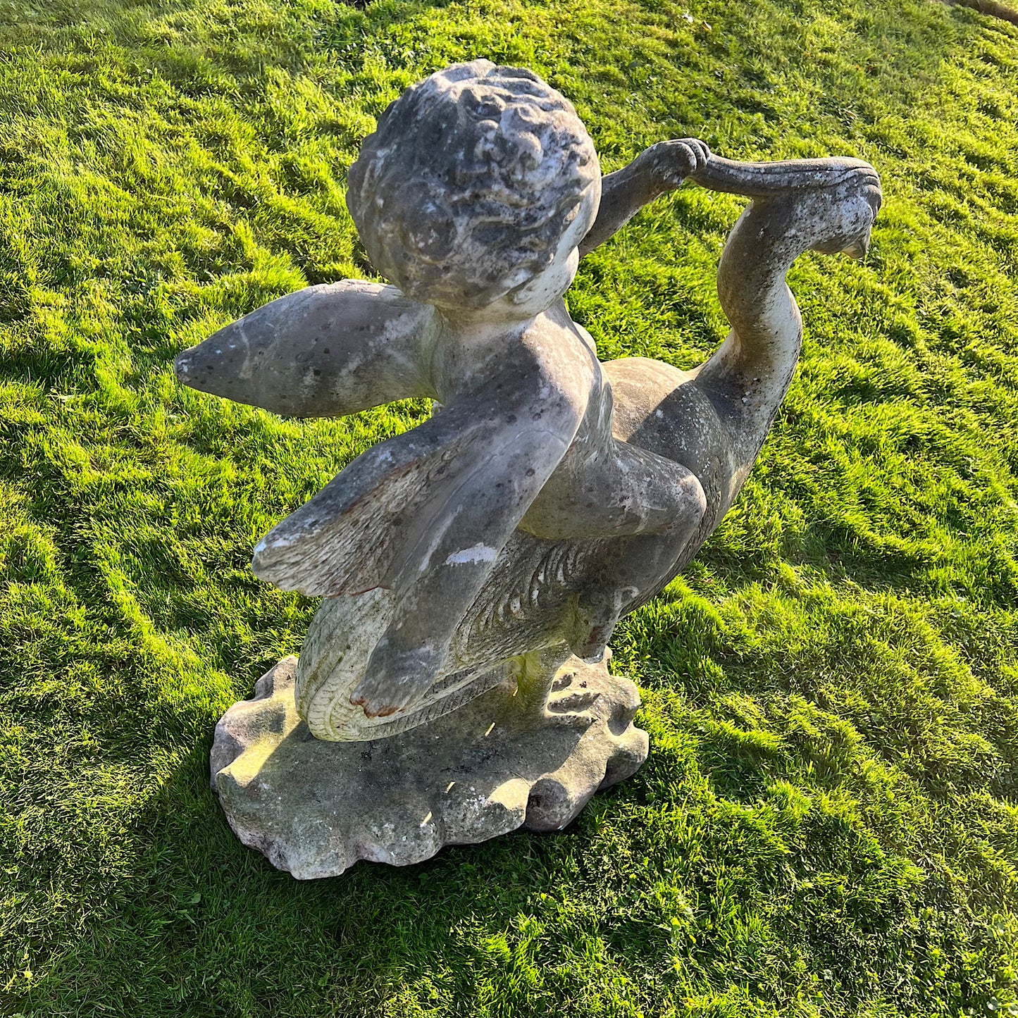 Large Marble Winged Cupid & Stork Statue Mid 20th Century