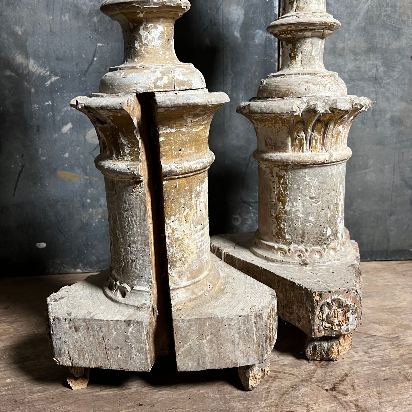 Pair of Tall Carved Painted Italian Altar Candlesticks Late 17th/Early 18th Century